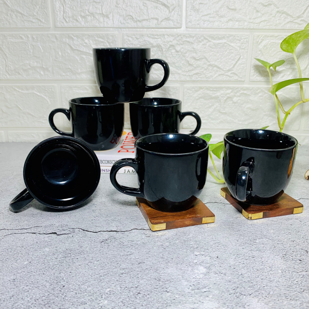 Homefrills Premuim Stoneware Glossy Black Solid Colour Ceramic Stylish Tea/Coffee Cups Set of 6